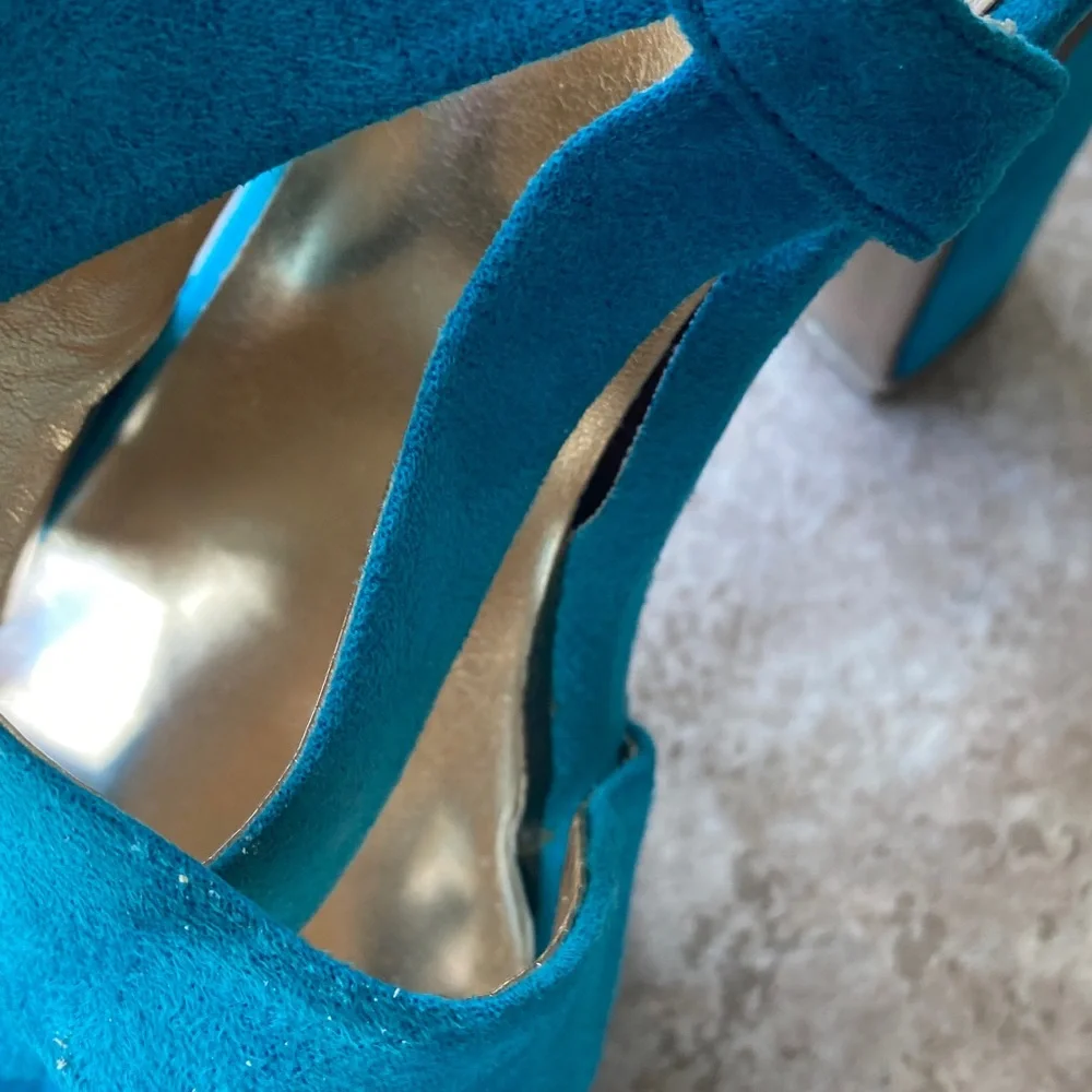 Mossino Turquoise Suede Platform Sandals Heels Size 8 - Picture 16 of 16
